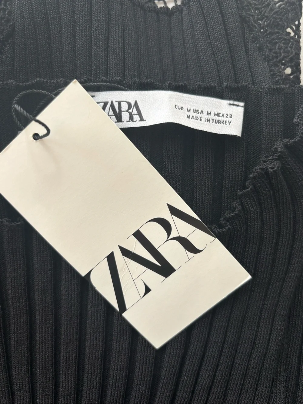 Zara Ribbed Knit Sweater Tank NWT Black Lace Peplum Boat Neck Romantic M